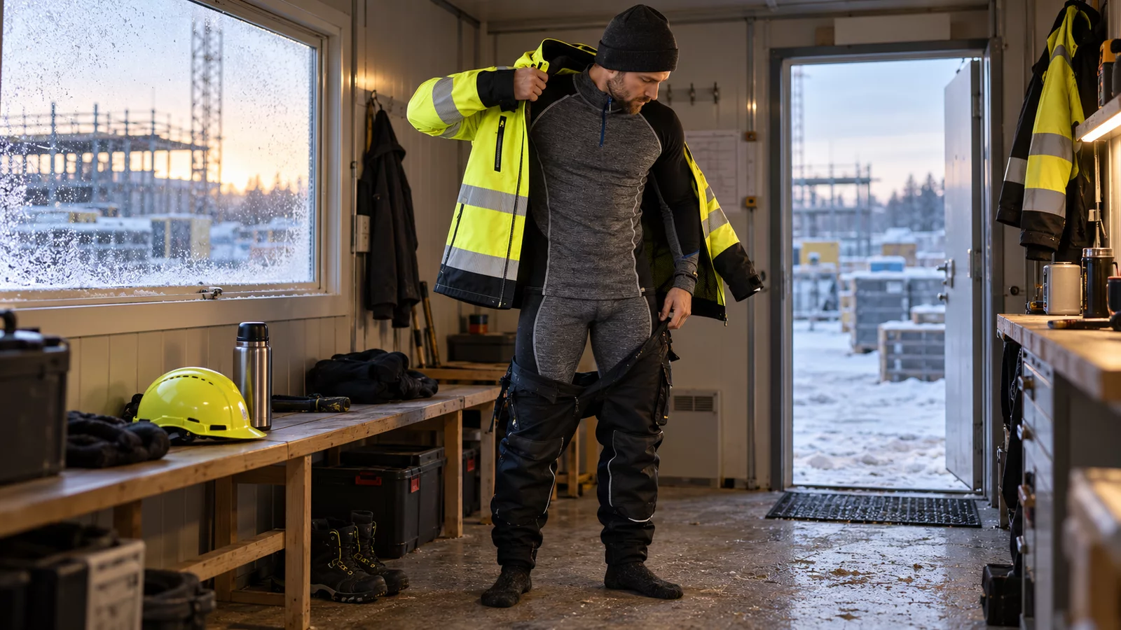 Draußen im Einsatz: Im Baucontainer vor Schichtbeginn: zuerst Merino, Unterhemd 4899 und Unterhose 1849, dann die Softshelljacke 4400 darüber.
