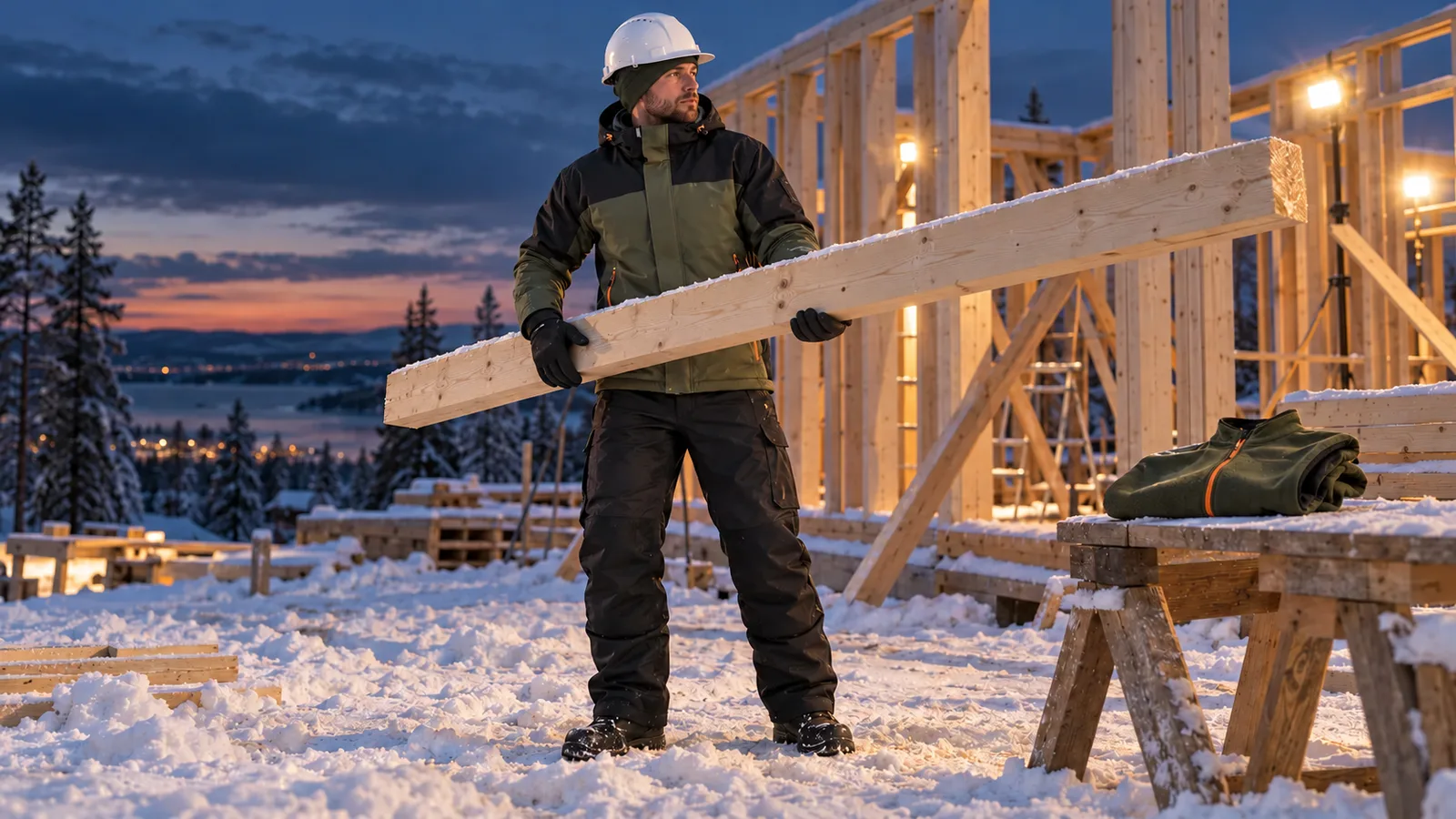 Draußen im Einsatz: Holzrahmenbau in der Dämmerung: STRIKER 4991 mit Winterhose 1810 und Mütze 2017 unter dem Helm, die STRIKER-Fleecejacke liegt bereit.