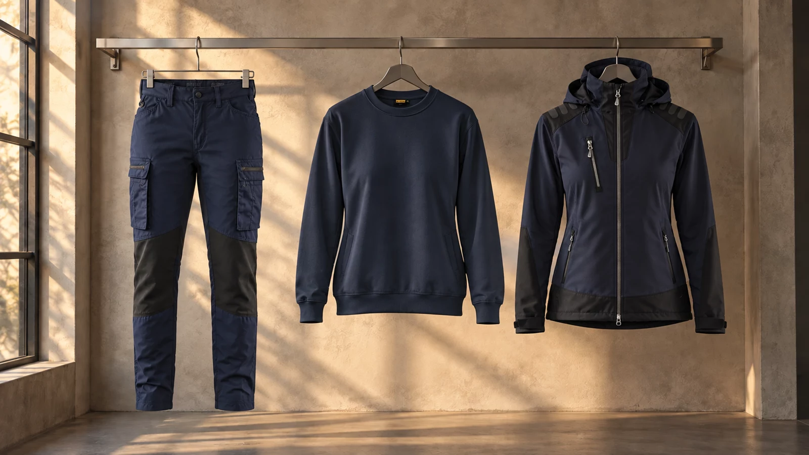 Damenausstattung: links Damen Service Arbeitshose Stretch 7159, mittig Damen Sweatshirt 3405, rechts Damen Softshell Jacke 4719.