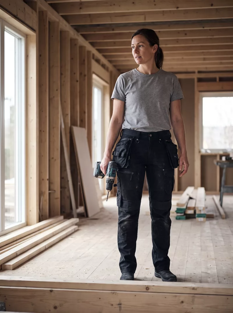 Zimmerin in der Handwerker-Arbeitshose im Rohbau