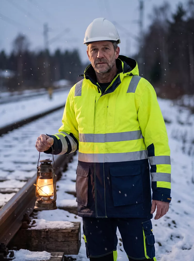 Gleisarbeiter im High-Vis-Winterparka bei Schneefall