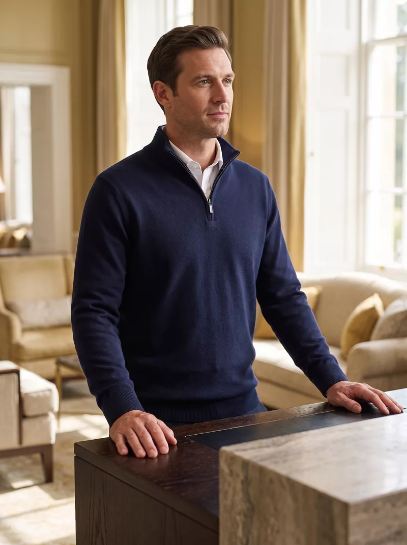 Concierge im Troyer-Pullover am Empfangspult