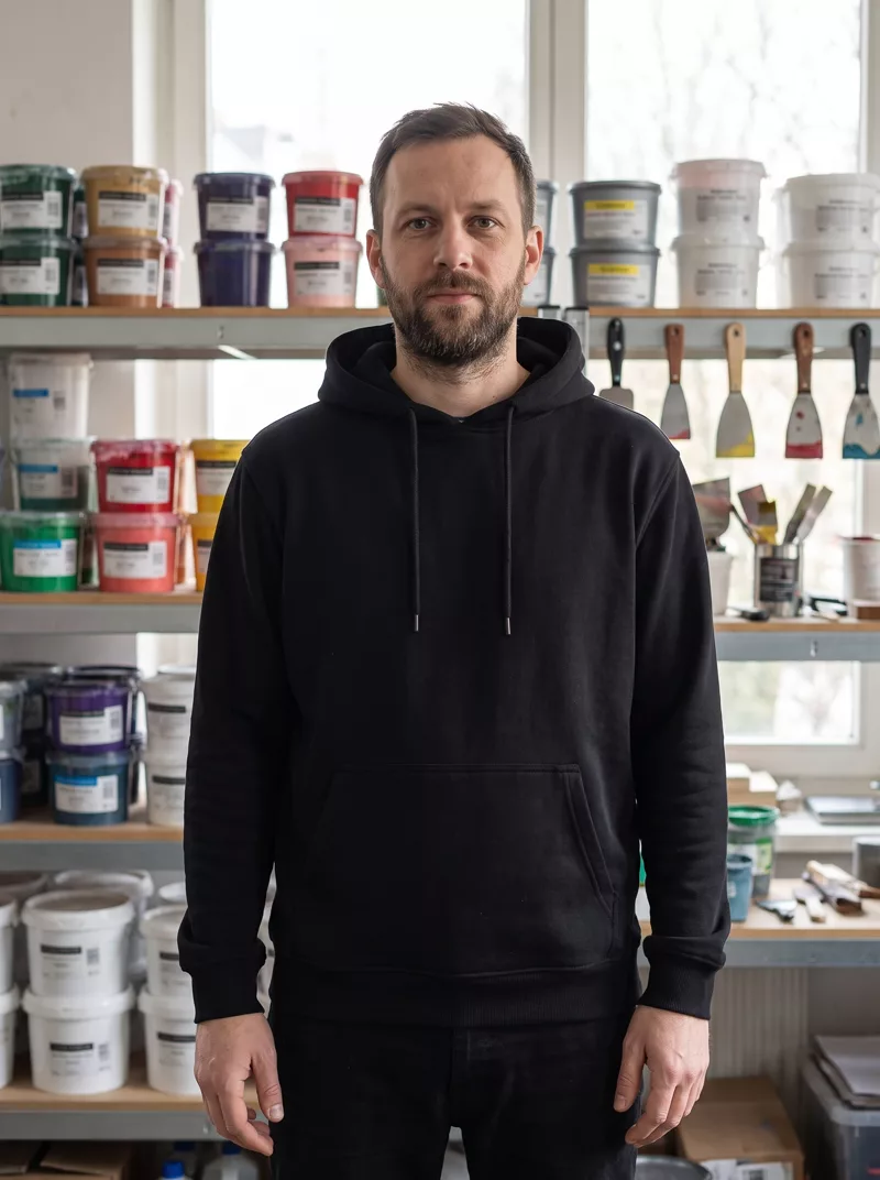 Inhaber einer Siebdruckwerkstatt im Heavy Hoody