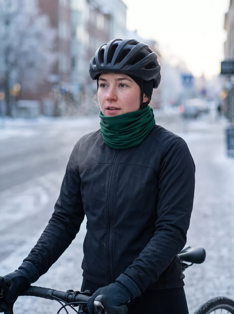 Fahrradkurierin mit Multifunktionstuch an einem frostigen Morgen