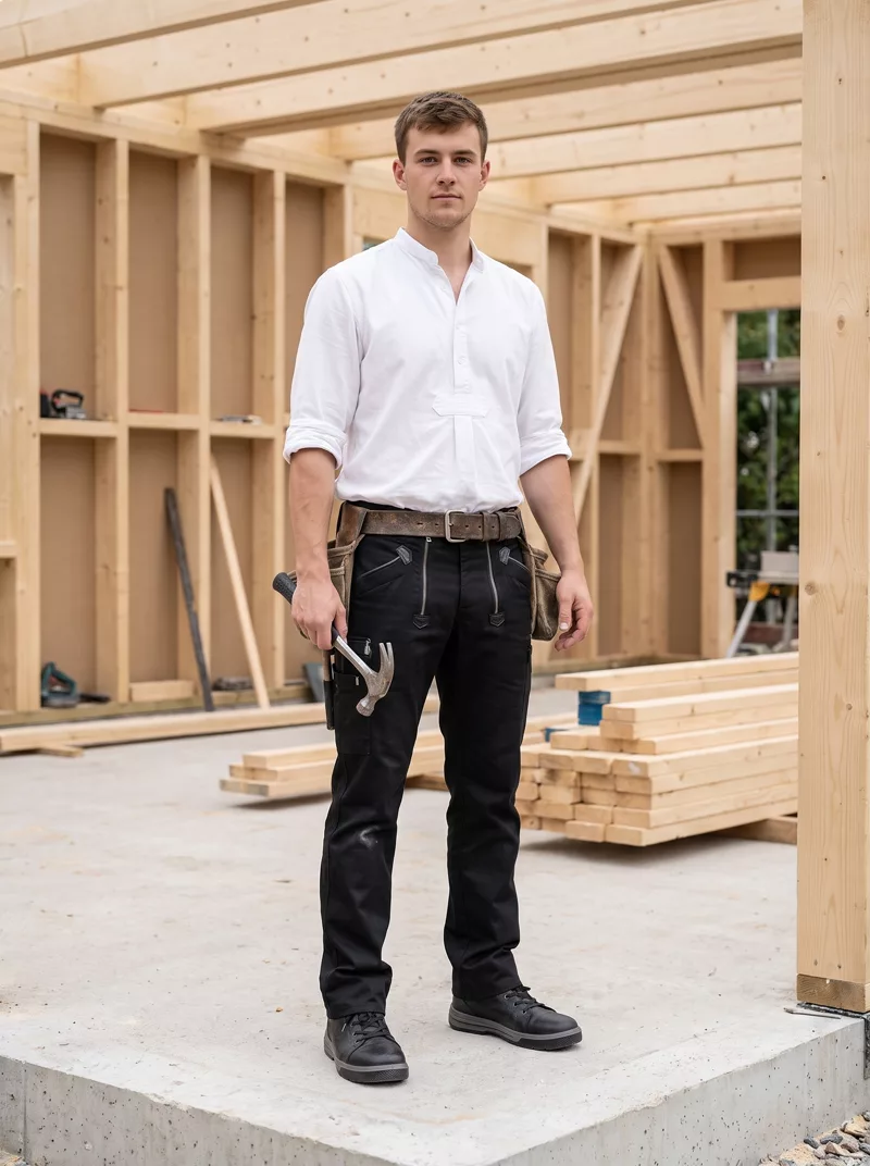 Zimmerergeselle in der Zunfthose im Rohbau eines Holzhauses