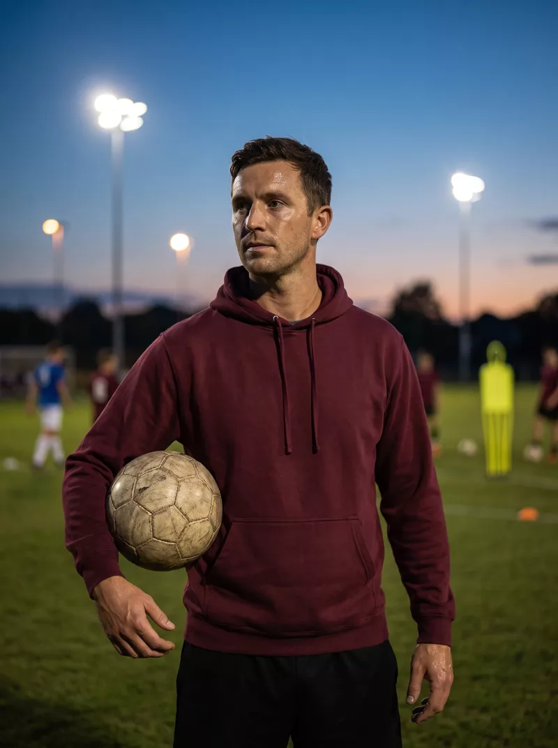 Jugendtrainer im College Hoodie abends auf dem Trainingsplatz