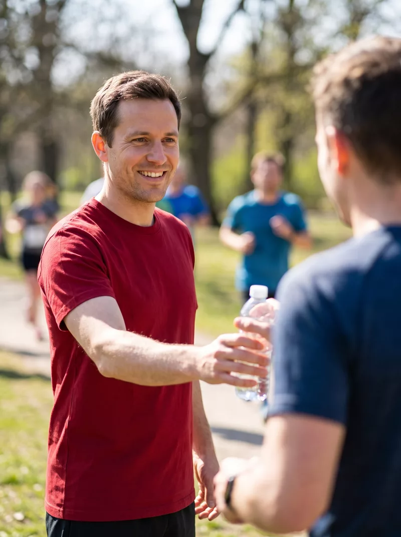 Helfer im Imperial T-Shirt reicht Wasser bei einem Spendenlauf