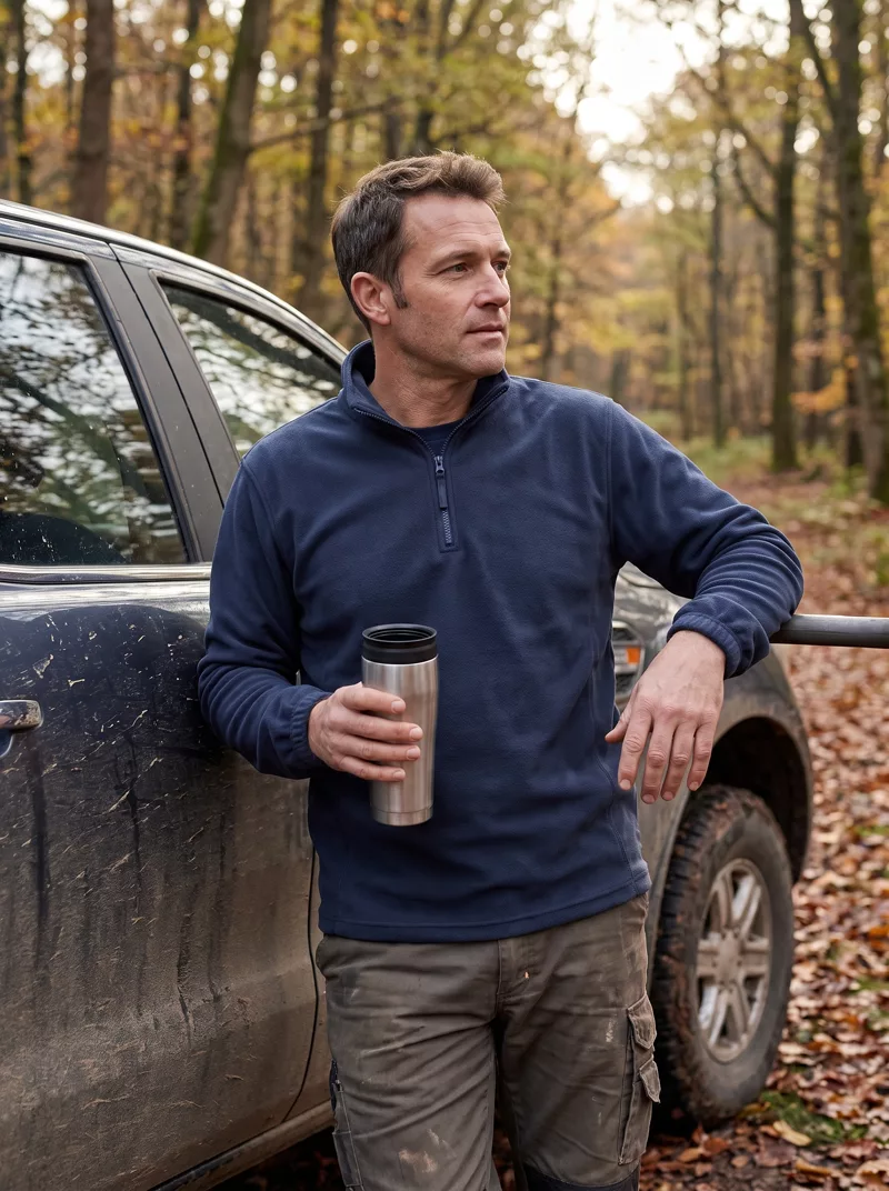 Forstarbeiter im Half-Zip-Fleece macht Pause am Wagen