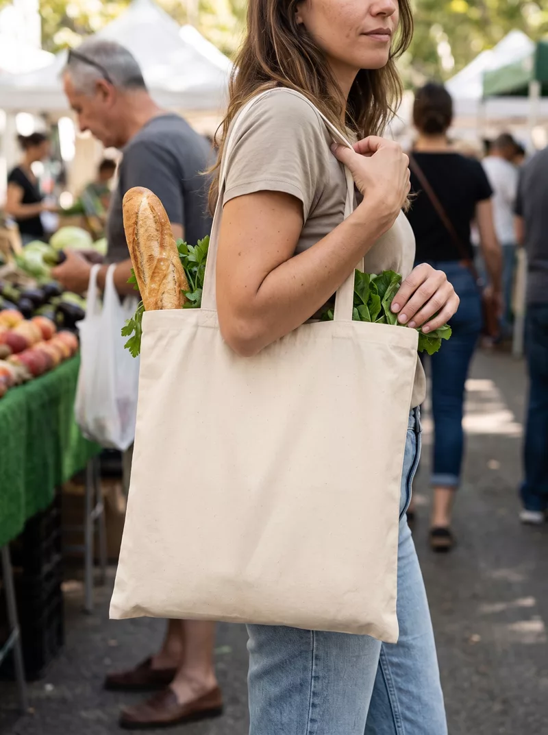 Baumwolltasche mit langen Henkeln auf dem Wochenmarkt