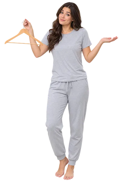 Eine Frau hält einen leeren Bügel hoch