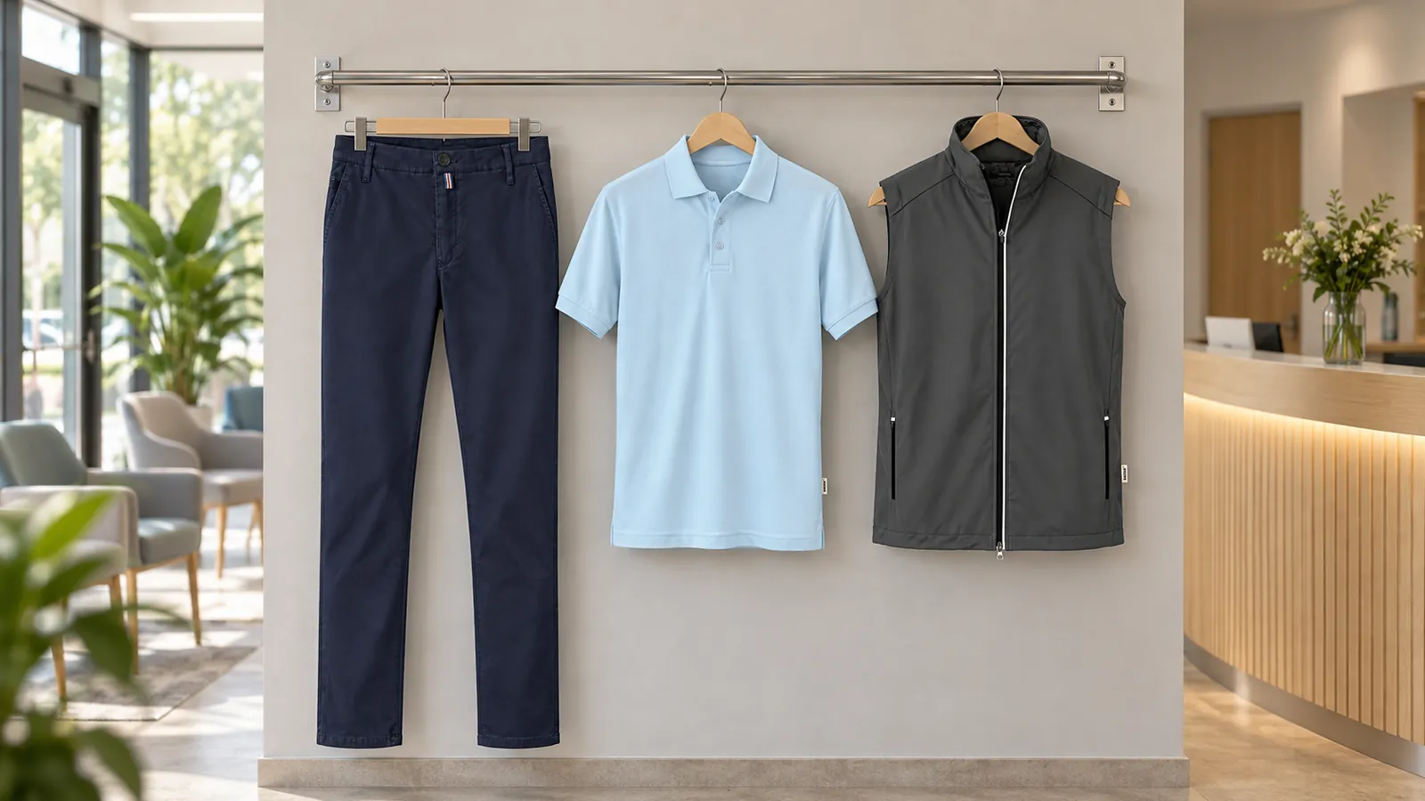 Herrenausstattung: Chinohose X-Stretch, Poloshirt MIKRALINAR®, Light-Softshellweste.