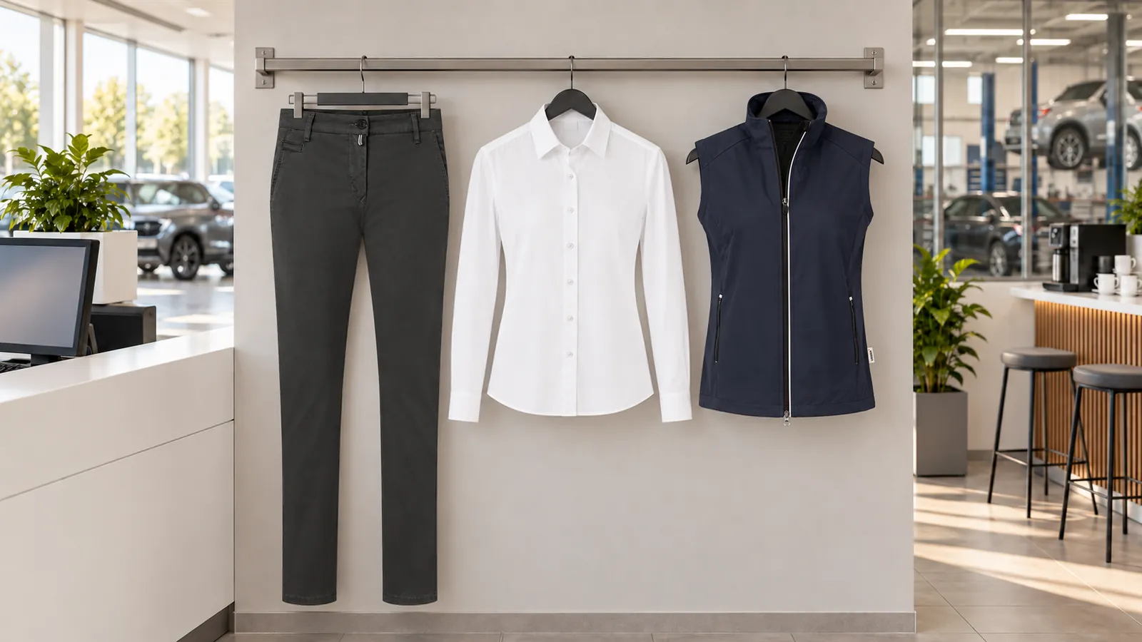 Damenausstattung: Damen Chinohose X-Stretch, COTTON TEC® Bluse, Damen Light-Softshellweste.