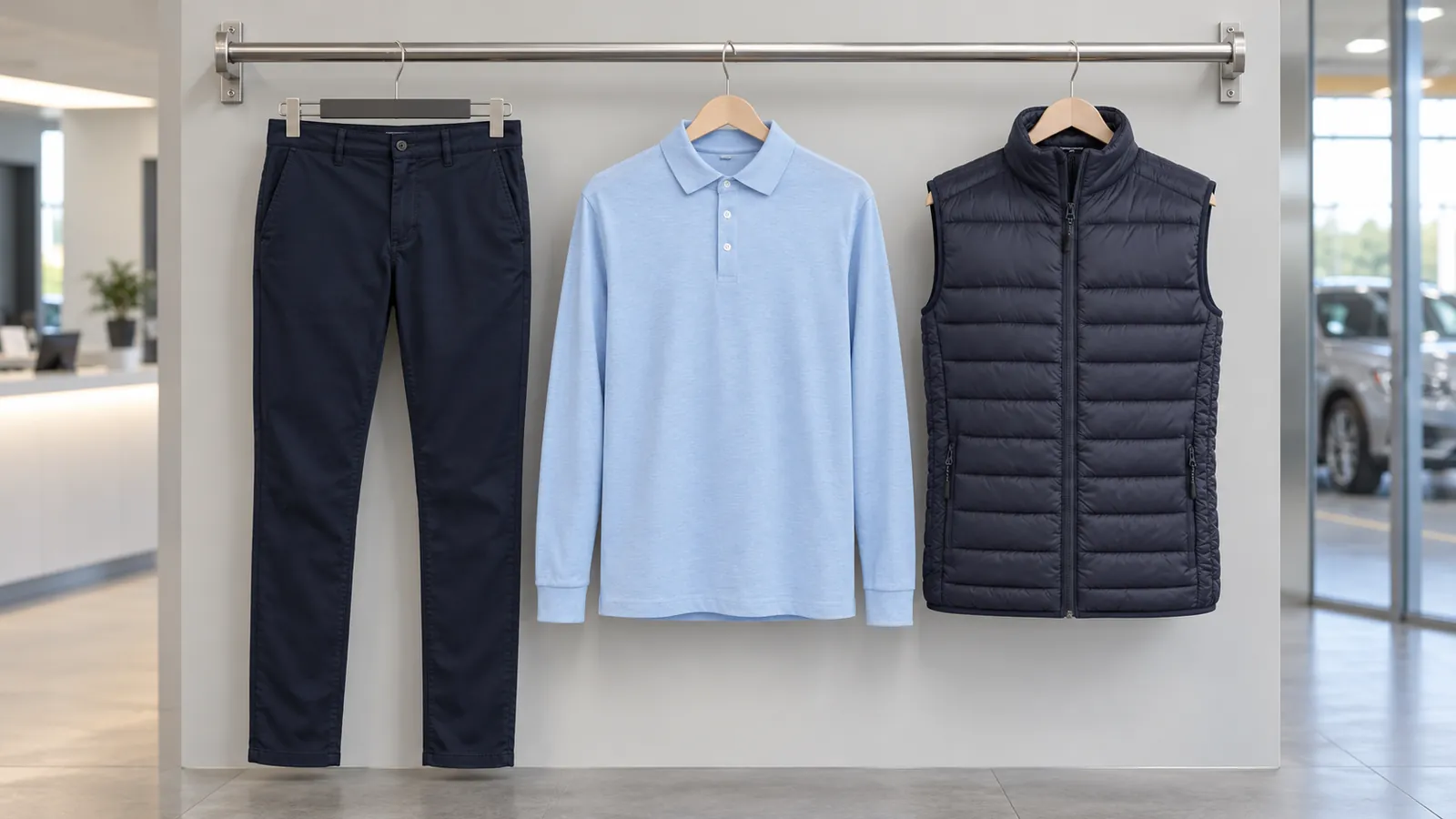 Herrenausstattung: Leo Slim Fit Chino, Frederick Premium Cotton Polo, Eugene Pro-Active Padded Gilet.