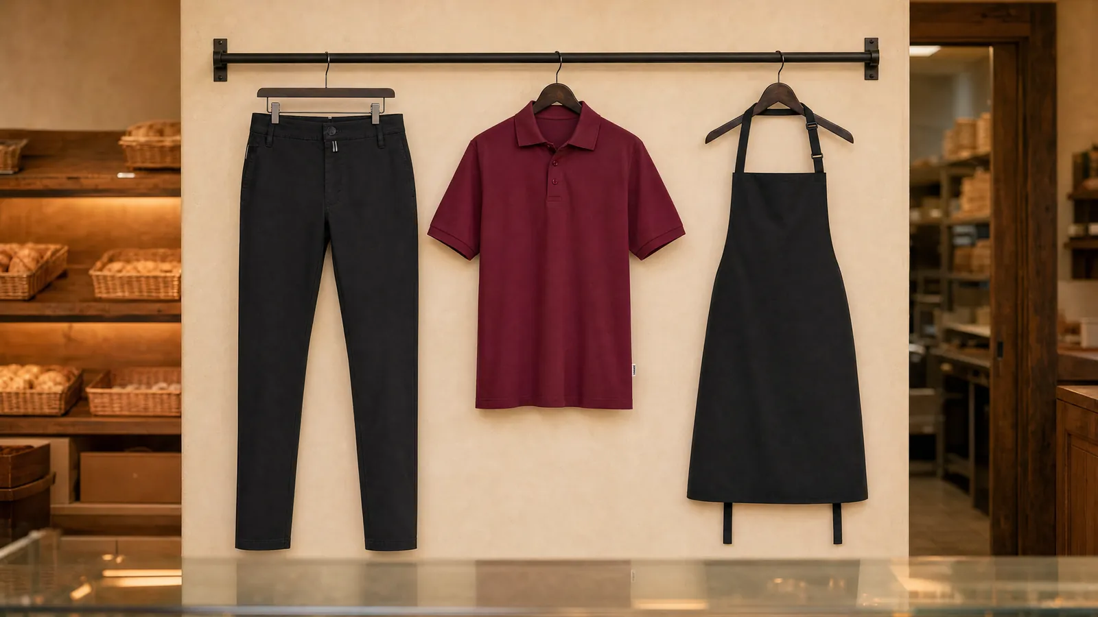Herrenausstattung: Chinohose X-Stretch, Poloshirt MIKRALINAR®, Latzschürze Basic mit Schnalle.