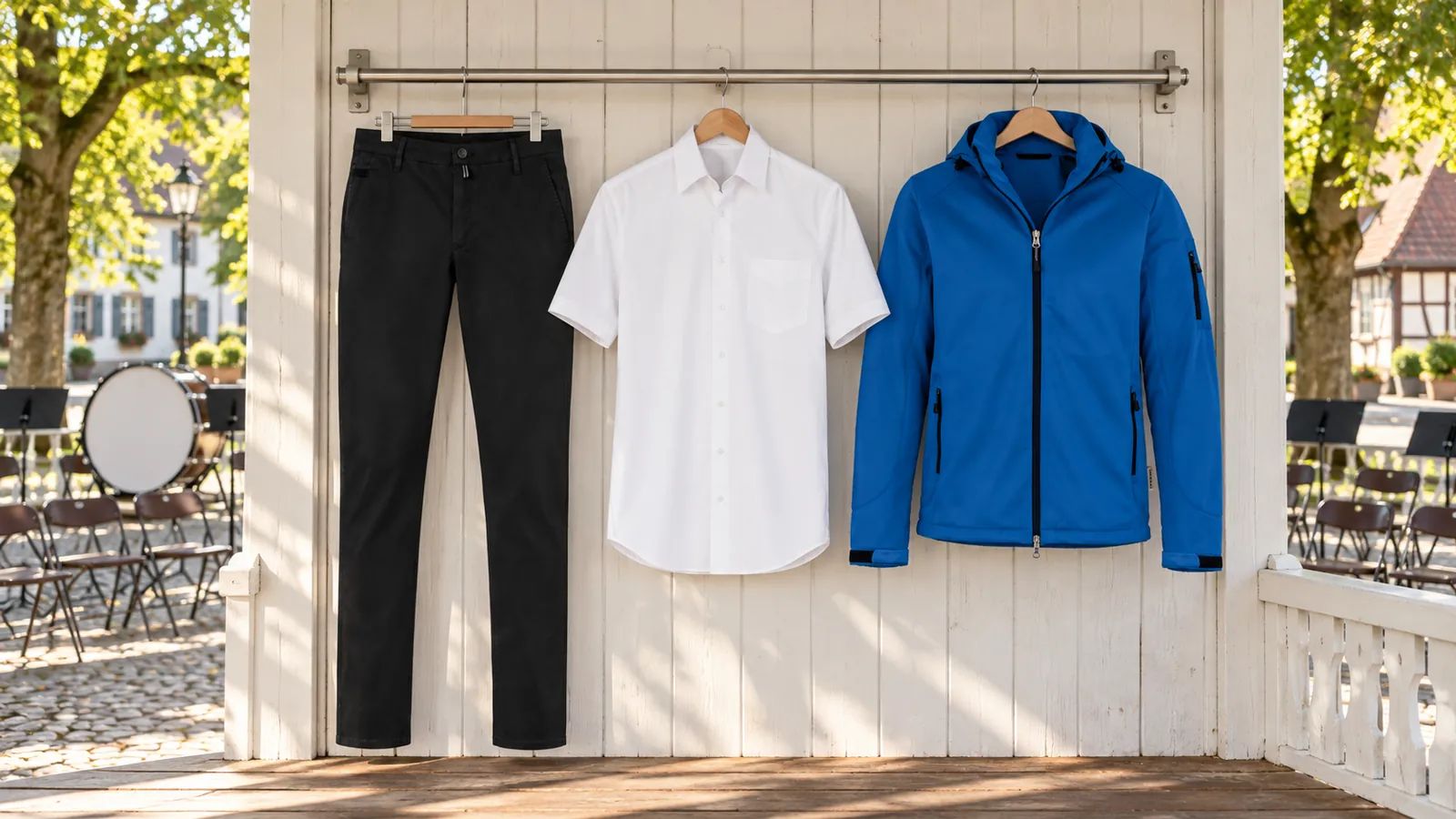 Herrenausstattung: Chinohose X-Stretch, 1/2-Arm Hemd MIKRALINAR® Comfort, Softshelljacke.