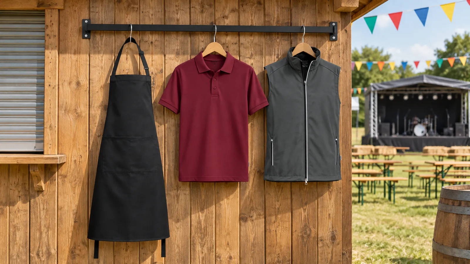Herrenausstattung: Latzschürze Basic mit Tasche und Schnalle, Poloshirt MIKRALINAR®, Light-Softshellweste.