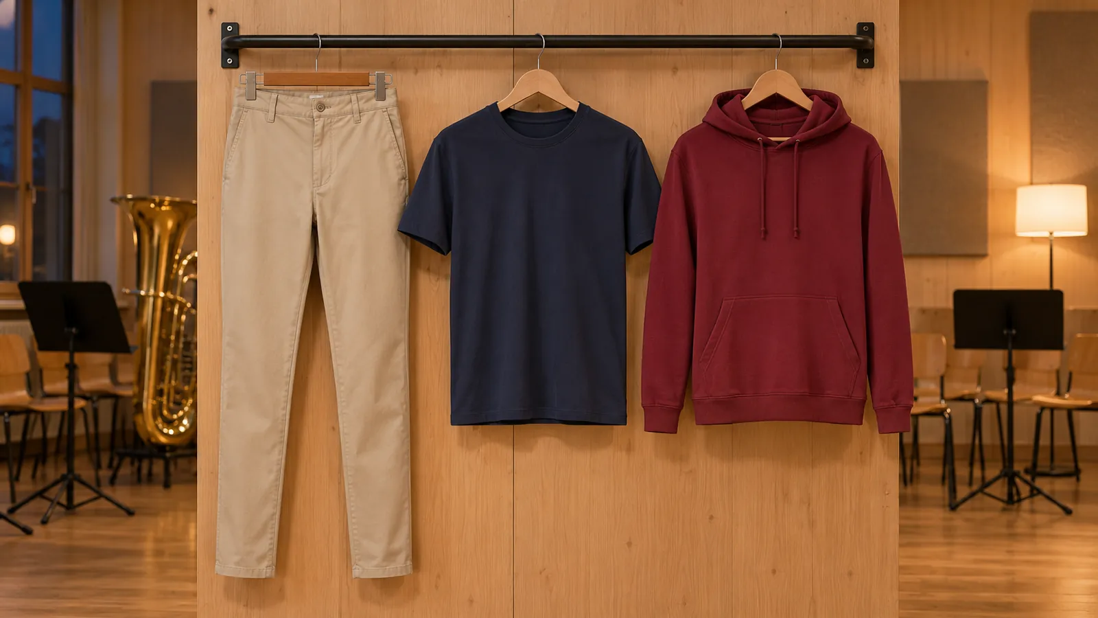 Herrenausstattung: Chinohosen-Herrenhose, T-Shirt Classic, College Hoodie.