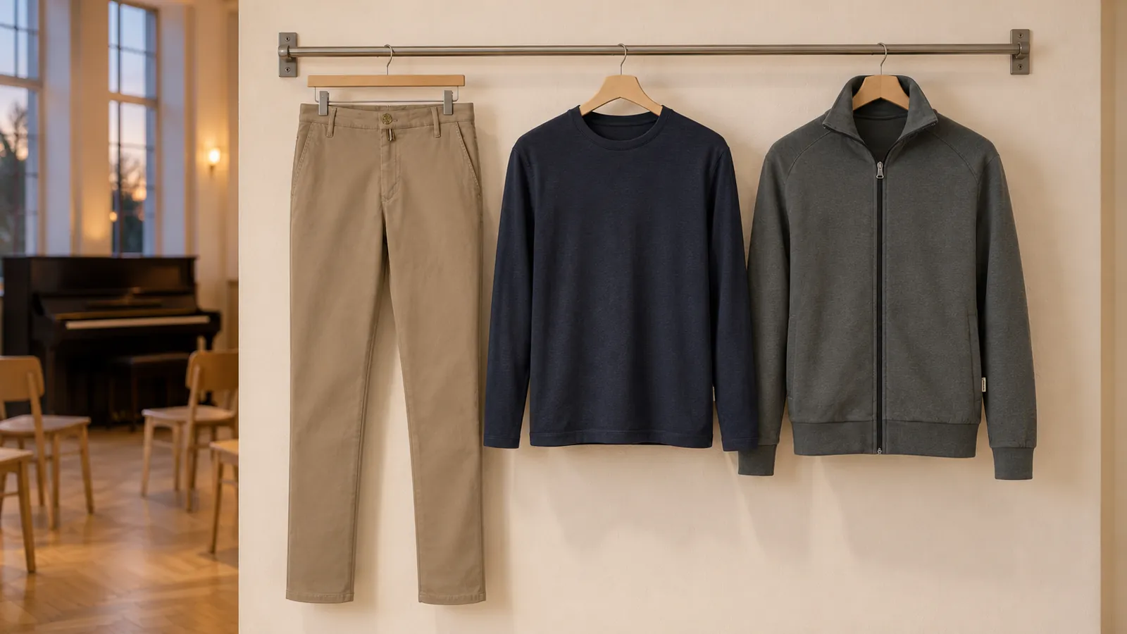 Herrenausstattung: Chinohose X-Stretch, Longsleeve MIKRALINAR®, Sweatjacke Premium.