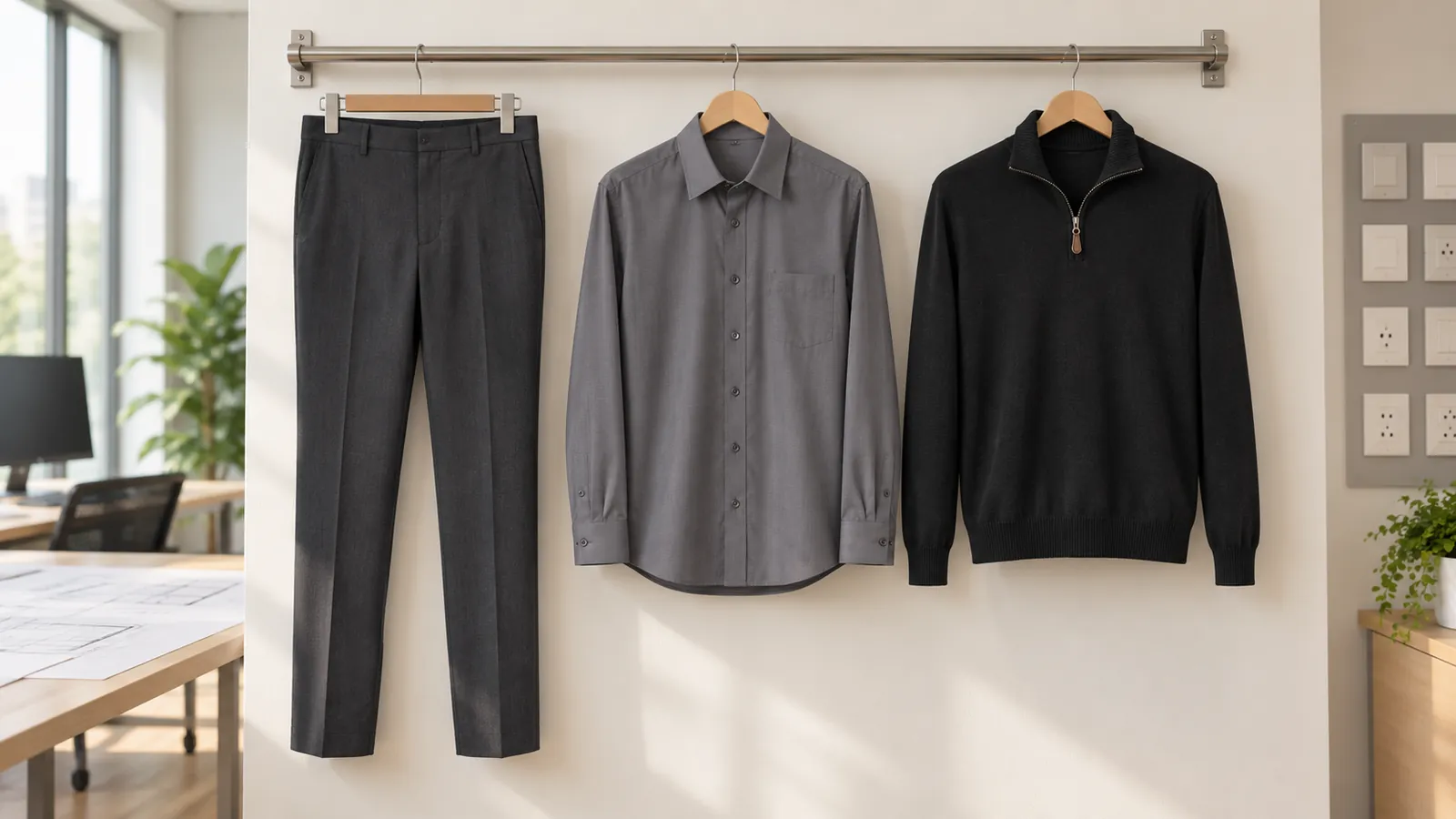 Herrenausstattung: Cassino Trouser, Rapino Shirt, Dallas 1/4 zip Jumper.