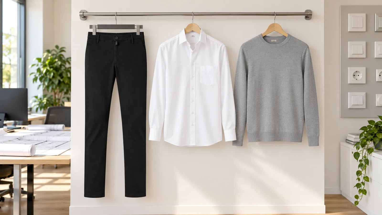 Herrenausstattung: Chinohose X-Stretch, Luxor Hemd, modern fit, Langarm, New Kent, Pullover Premium-Baumwolle.