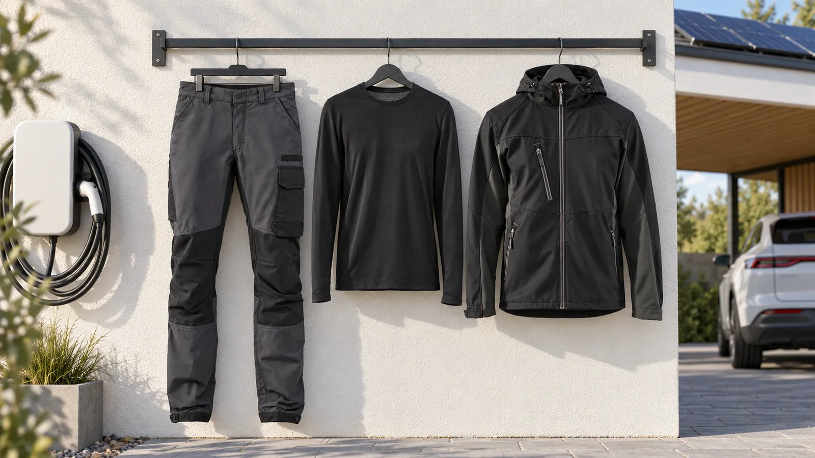 Herrenausstattung: Service Arbeitshose 4-Wege-Stretch 1422, UV Funktions Langarmshirt 3423, Softshell Jacke 4753.
