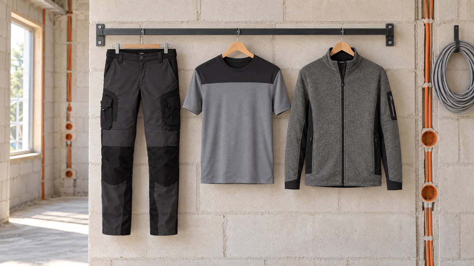 Herrenausstattung: Florian — Arbeitshose, Knut — T-Shirt, Christoph — Fleecejacke.