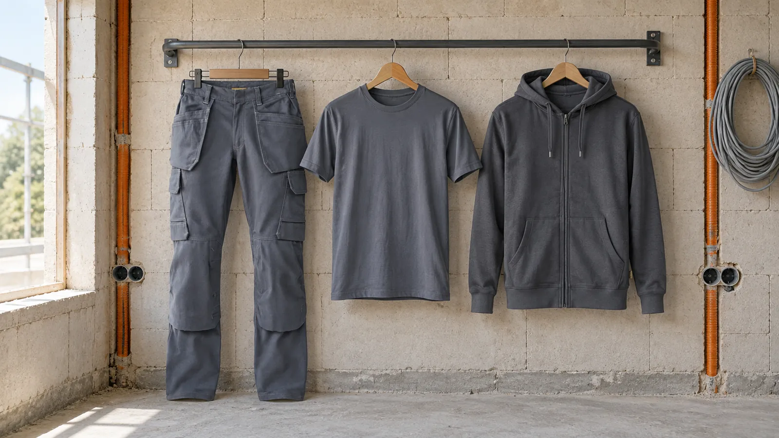 Herrenausstattung: Industrie Arbeitshose Stretch 1463, T-Shirt 3525, Kapuzenjacke 3366.