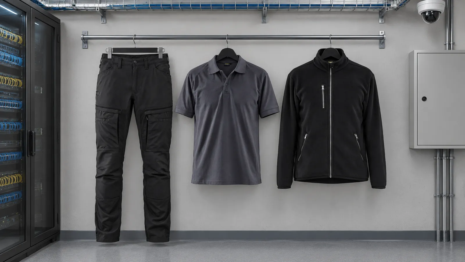 Herrenausstattung: Service Arbeitshose mit Stretch 1456, Poloshirt 3324, Fleecejacke 4830.