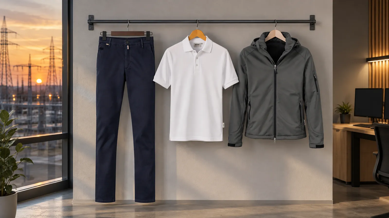 Herrenausstattung: Chinohose X-Stretch, Poloshirt MIKRALINAR®, Softshelljacke.