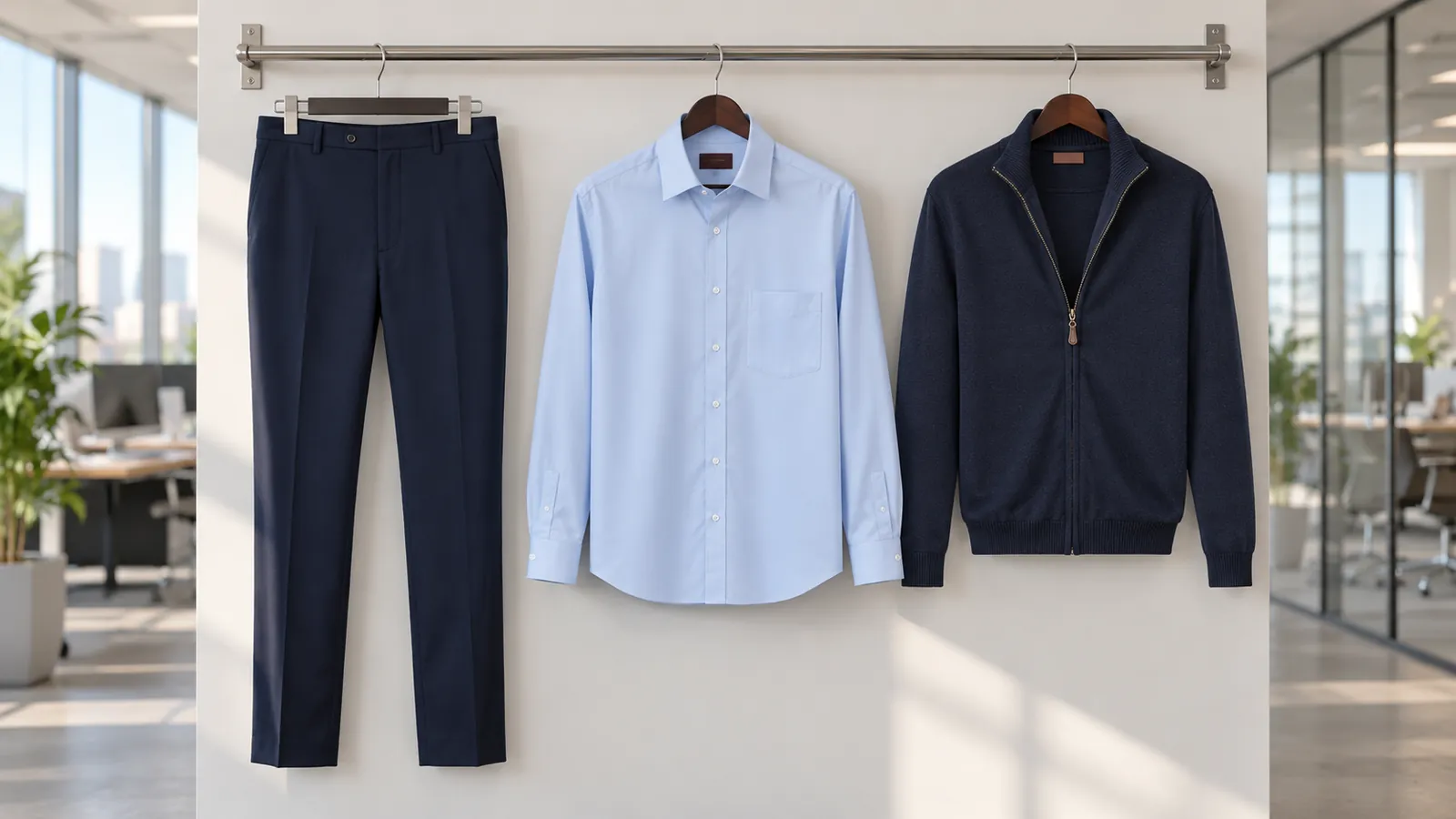 Herrenausstattung: Cassino Trouser, Rapino Shirt, Columbus Full Zip Cardigan.