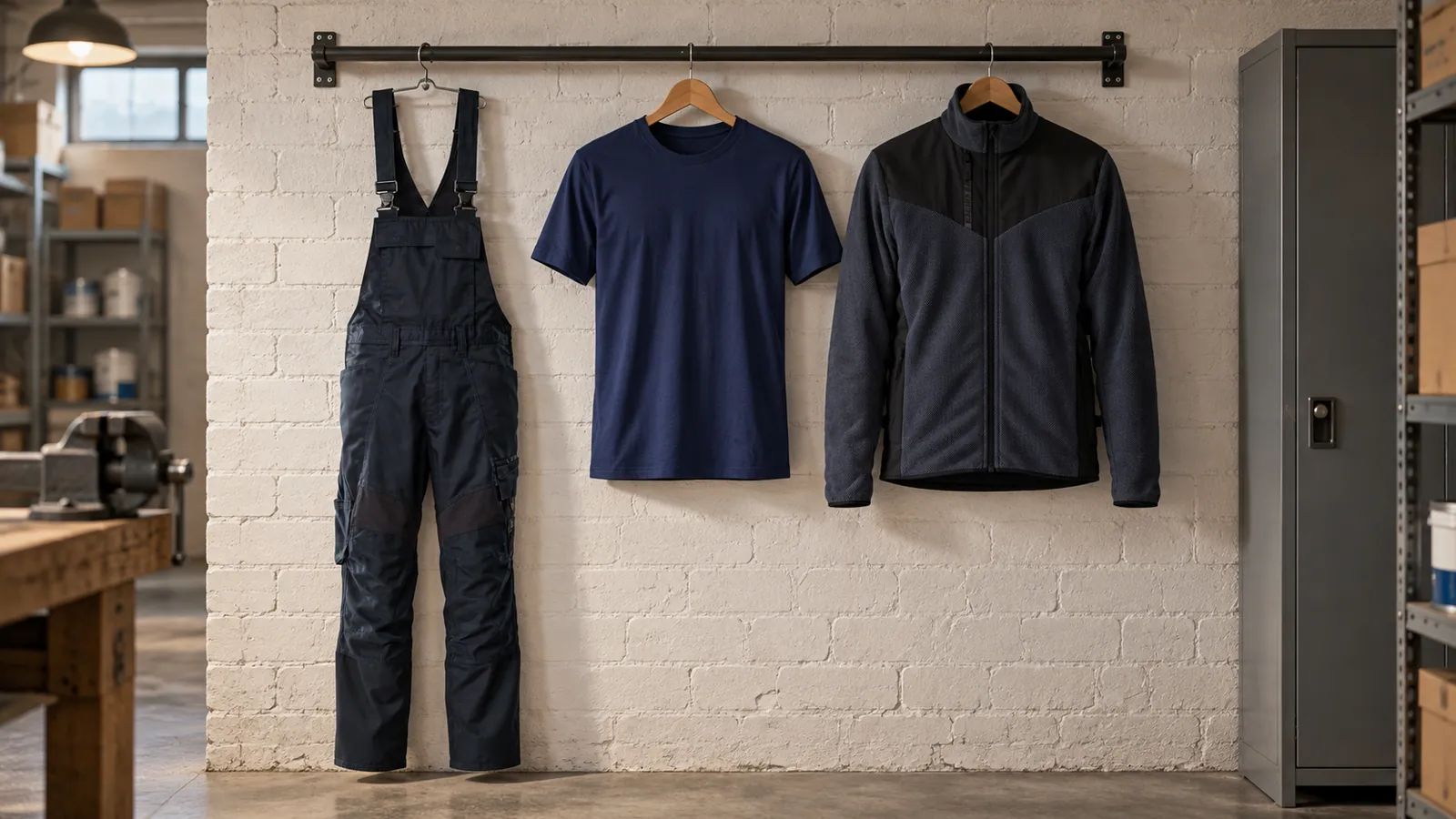Herrenausstattung: Latzhose mit Knietaschen Accelerate, T-Shirt 3525, Strickjacke mit Softshell 5942.