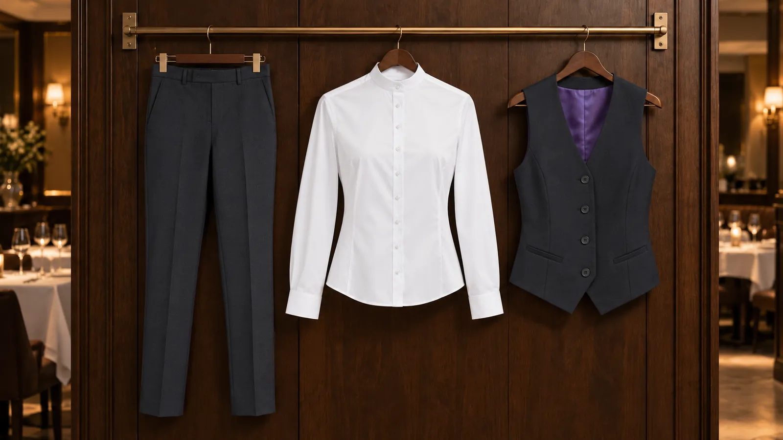 Damenausstattung: Torino Trouser, Amelia Blouse, Scapoli Waistcoat.