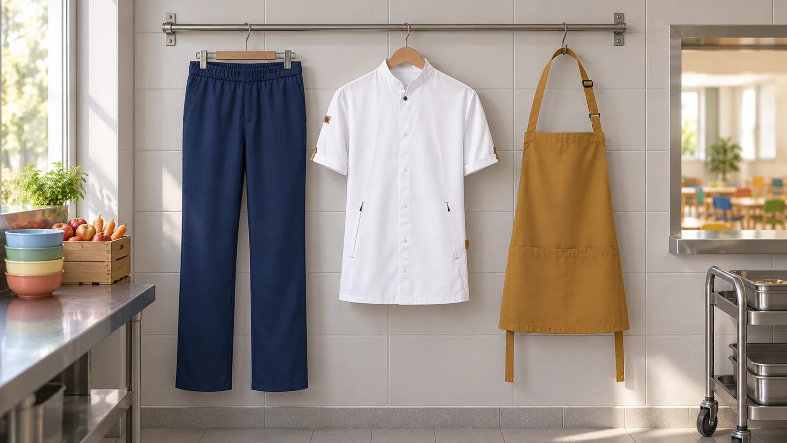 Herrenausstattung: Schlupfhose Kaspar, Kurzarm Kochjacke Green-Generation, Kurze Latzschürze Basic mit Schnalle und Tasche.