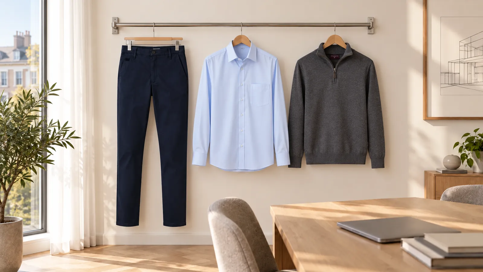 Herrenausstattung: Leo Slim Fit Chino, Rapino Shirt, Dallas 1/4 zip Jumper.