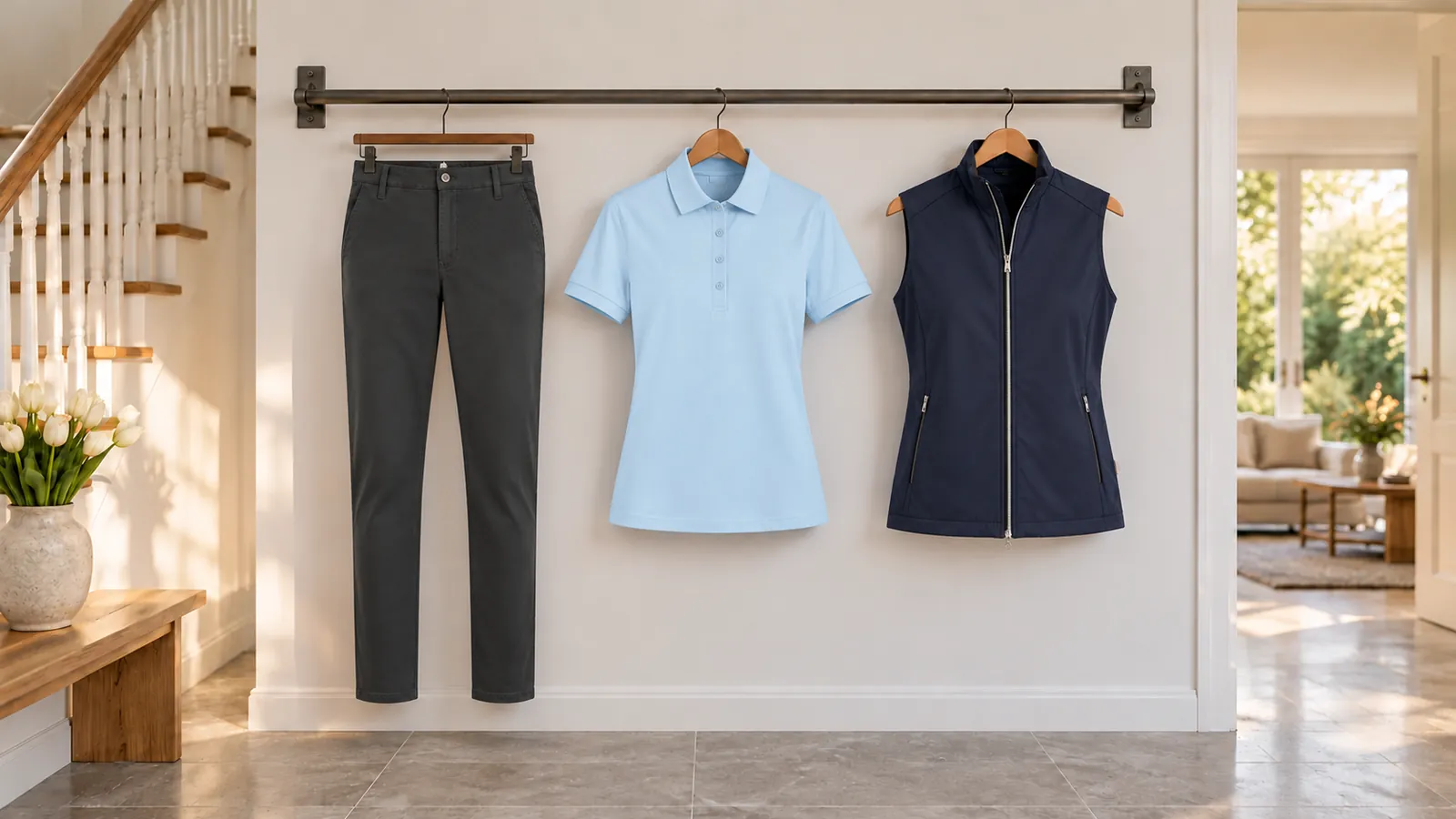 Damenausstattung: Damen Chinohose X-Stretch, Damen Poloshirt MIKRALINAR®, Damen Light-Softshellweste.