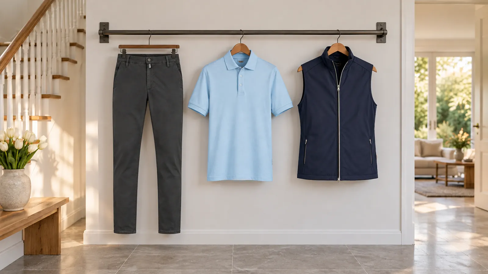 Herrenausstattung: Chinohose X-Stretch, Poloshirt MIKRALINAR®, Light-Softshellweste.