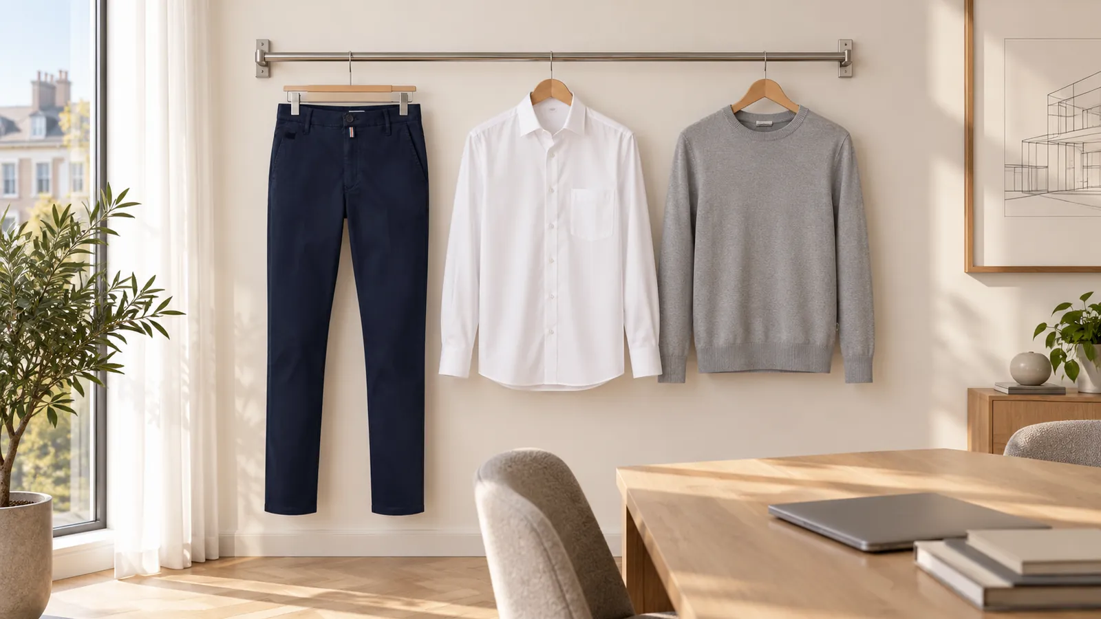 Herrenausstattung: Chinohose X-Stretch, Luxor Hemd, modern fit, Langarm, New Kent, Pullover Premium-Baumwolle.