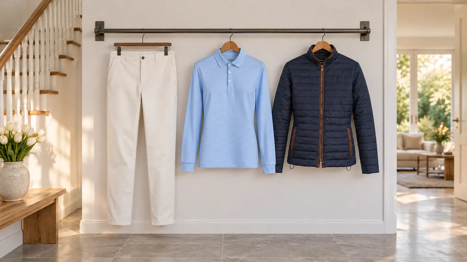 Damenausstattung: Liberty Slim Leg Chino, Anna Premium Cotton Polo, Alma Premium Quilted Jacket.