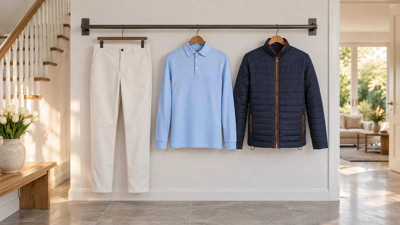 Herrenausstattung: Leo Slim Fit Chino, Frederick Premium Cotton Polo, Orlando Premium Quilted Jacket.