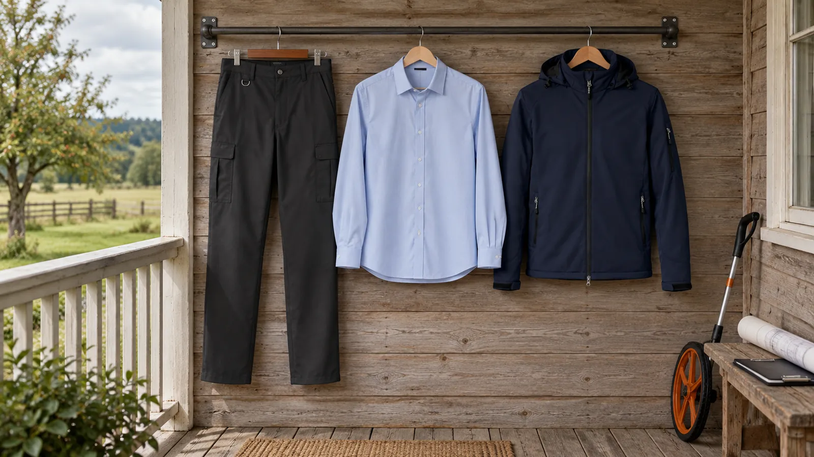 Herrenausstattung: Tours Cargo Trouser, Pisa Shirt, Softshelljacke.