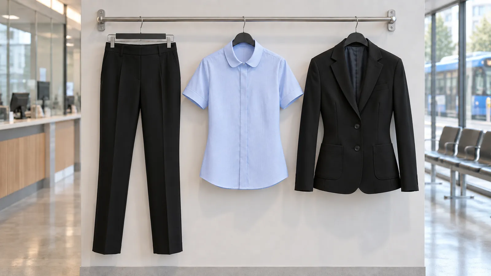 Damenausstattung: Women´s Slim Leg Trouser Ceres, Soave Blouse, Women´s Slim Fit Jersey Jacket Libra.
