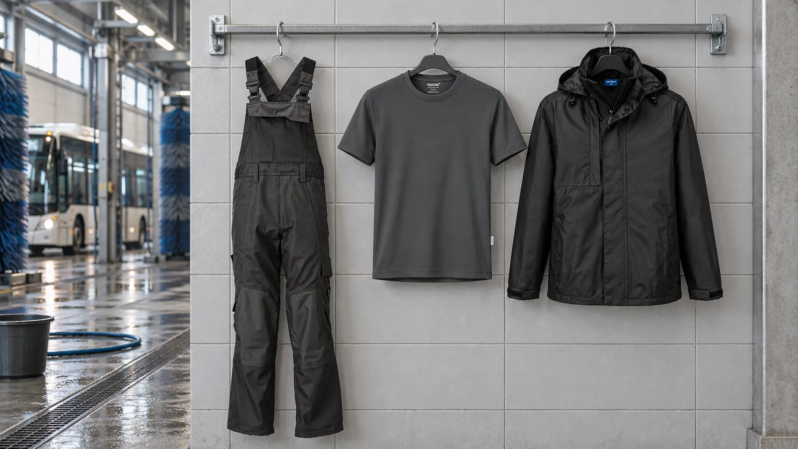 Herrenausstattung: Latzhose mit Knietaschen Accelerate, T-Shirt COOLMAX® ECO, WX2 Eco Regenjacke.