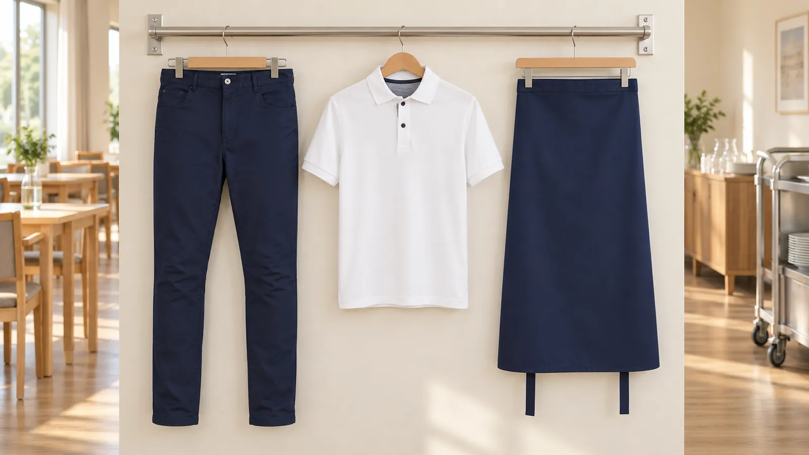 Herrenausstattung: Herren 5-Pocket-Hose Classic-Stretch, COTTON TEC® Poloshirt, Bistroschürze Basic.