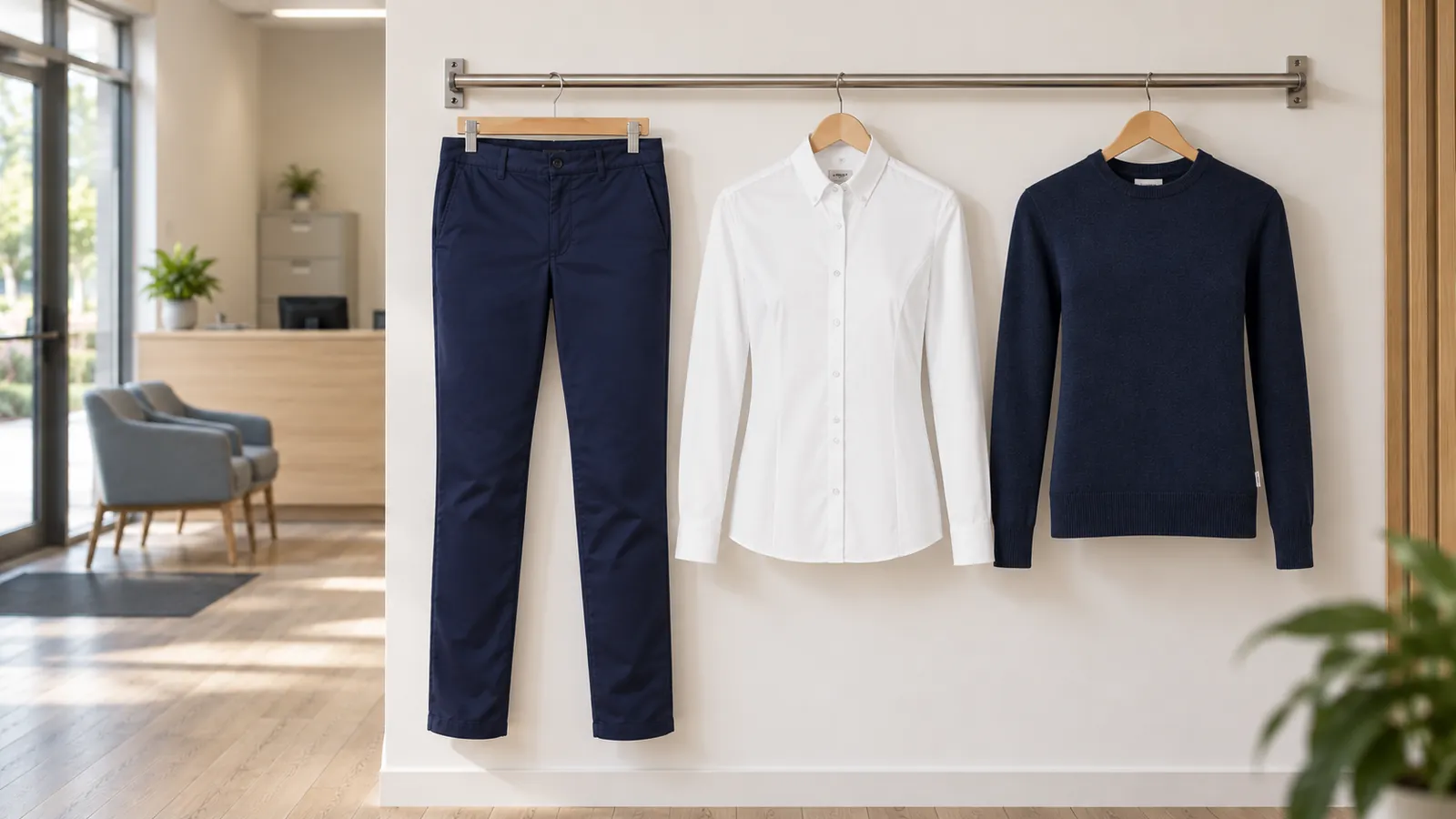 Damenausstattung: Damen Chinohose Modern-Stretch, Bluse Natural Stretch, Damen Pullover Merino-Wolle.