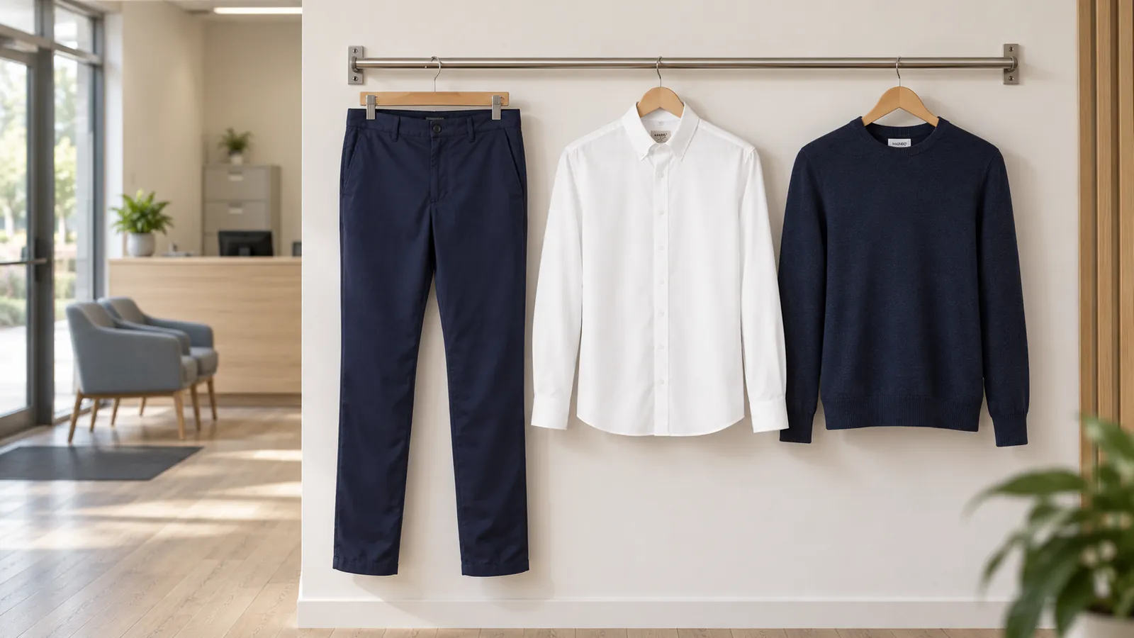 Herrenausstattung: Herren Chinohose Modern-Stretch, Hemd Natural Stretch Regular, Pullover Merino-Wolle.