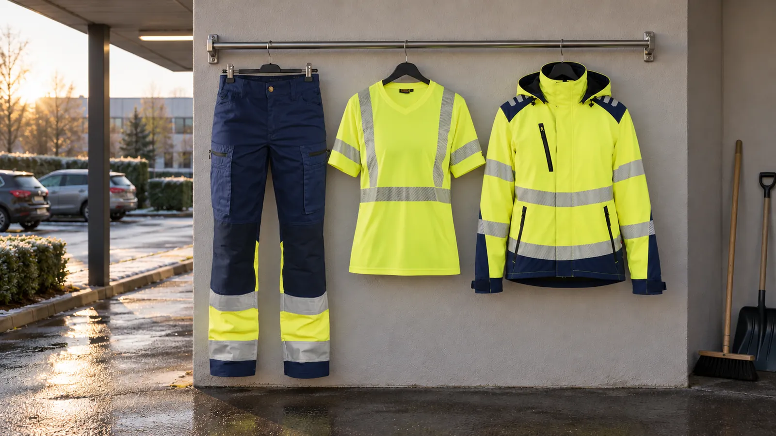 Damenausstattung: Damen High Vis Arbeitshose mit Stretch 7161, Damen High Vis UV T-Shirt 3336, Damen High Vis Softshell Winterjacke 4401.