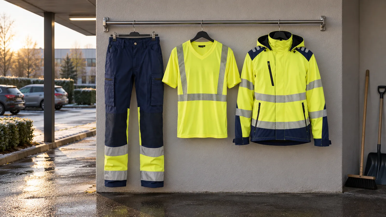 Herrenausstattung: High Vis Arbeitshose mit Stretch 1551, High Vis UV T-Shirt 3386, High Vis Softshell Winterjacke 4400.