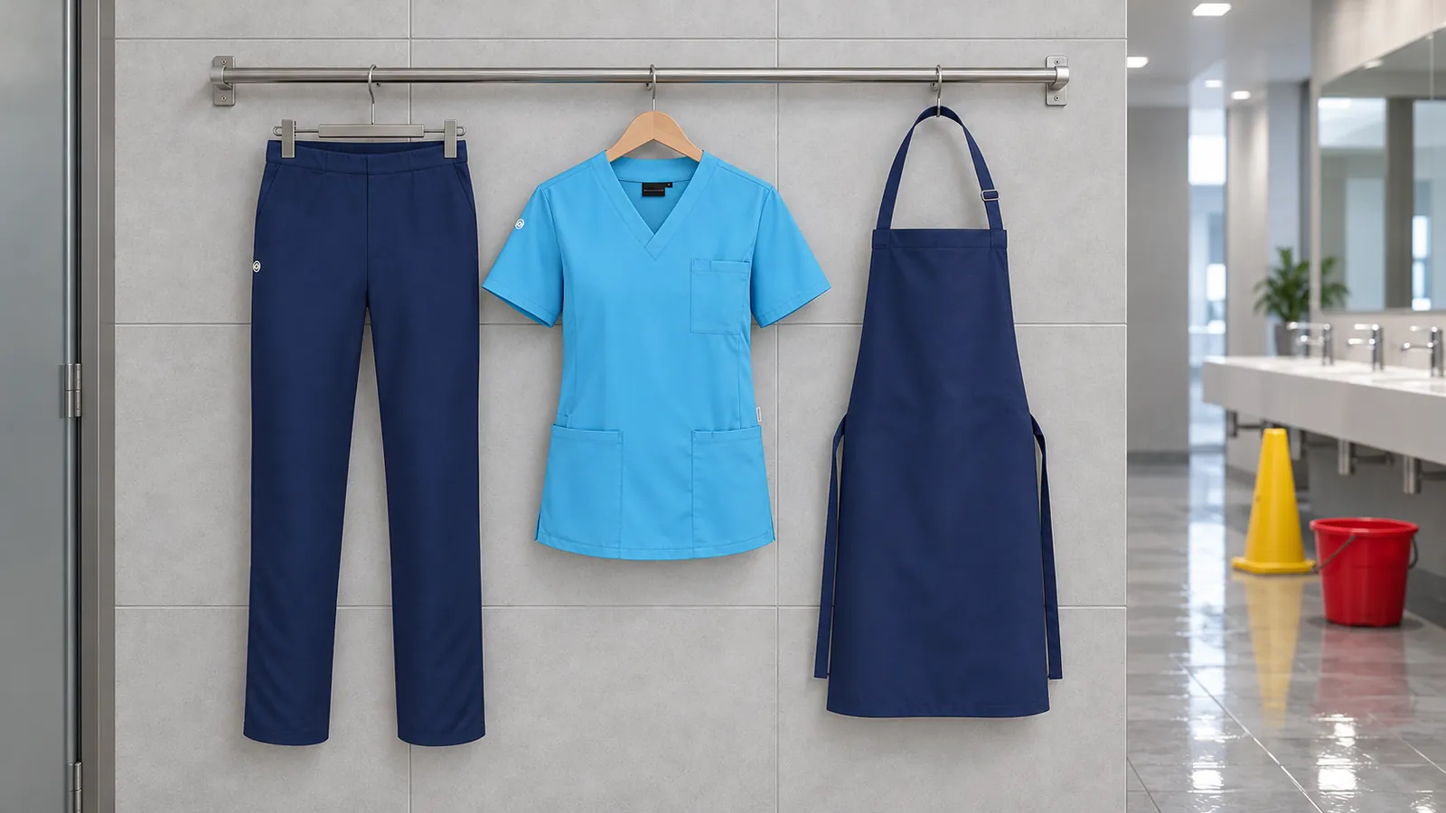 Damenausstattung: Schlupfhose Essential, Damen-Schlupfkasack Essential, Wasserabweisende Latzschürze Basic mit Schnalle.