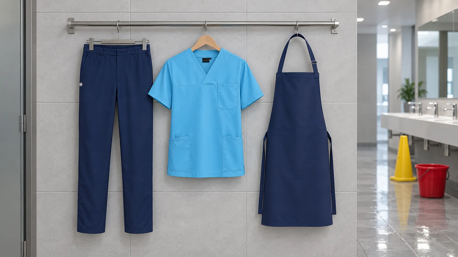 Herrenausstattung: Schlupfhose Essential, Herren-Schlupfkasack Essential, Wasserabweisende Latzschürze Basic mit Schnalle.