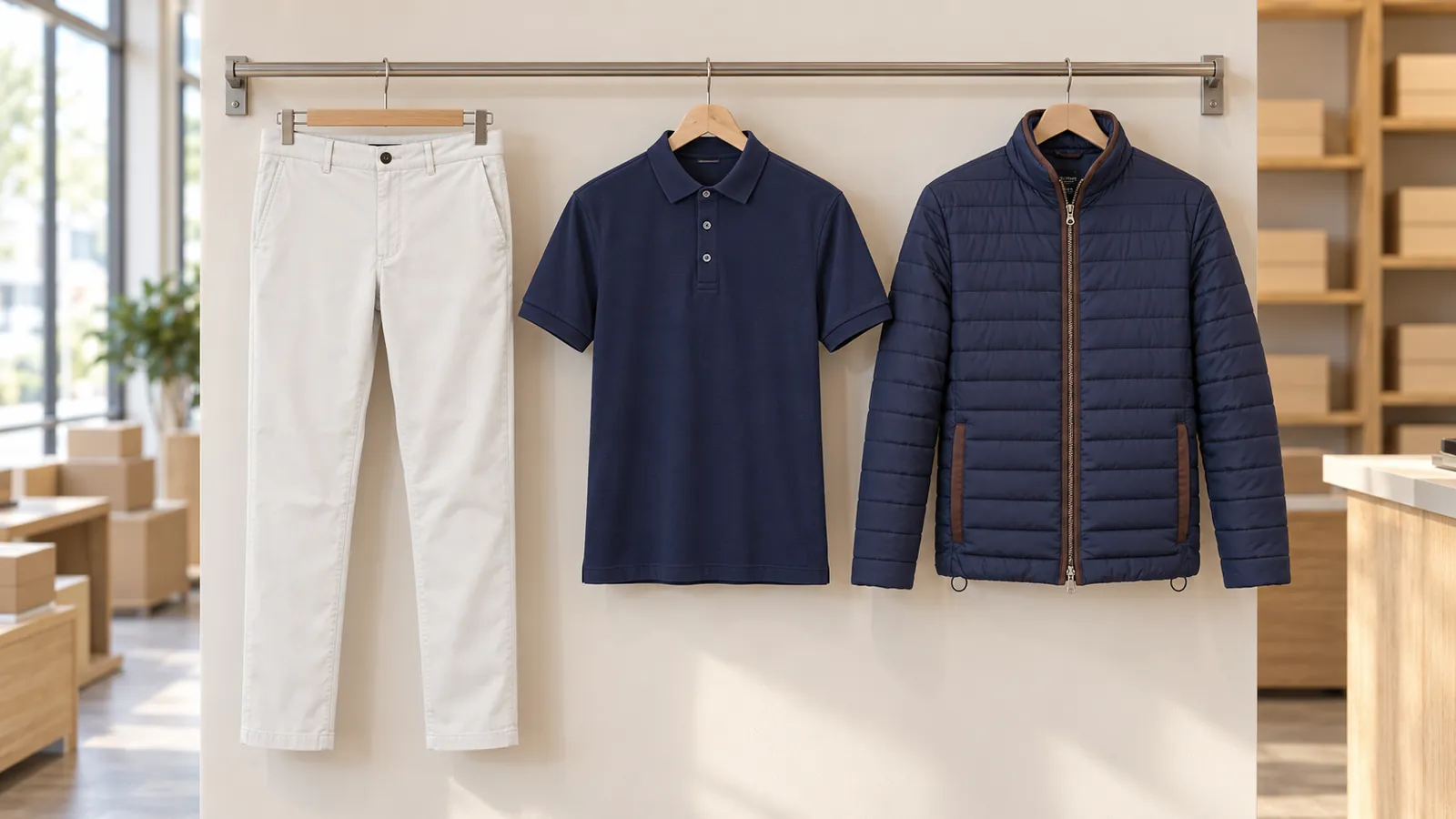 Herrenausstattung: Leo Slim Fit Chino, Hampton Premium Cotton Polo, Orlando Premium Quilted Jacket.